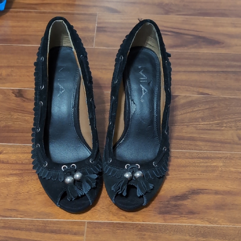 MIA Black Peep-Toe Heels with Tassel Detail